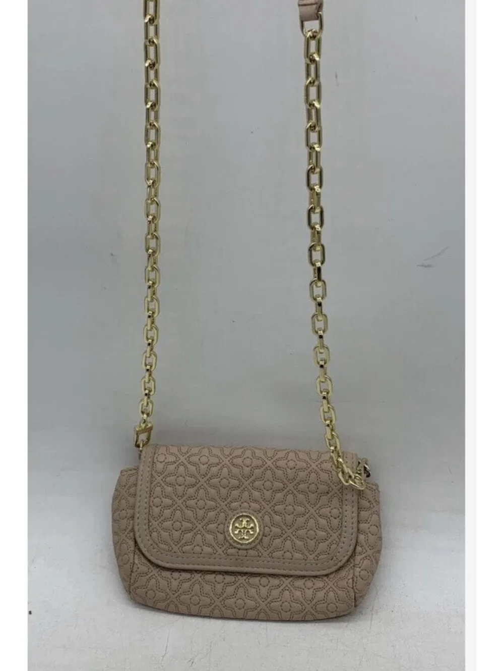 Tory Burch Beige Marion Quilted Leather Shrunken Crossbody Bag Gold Hardware